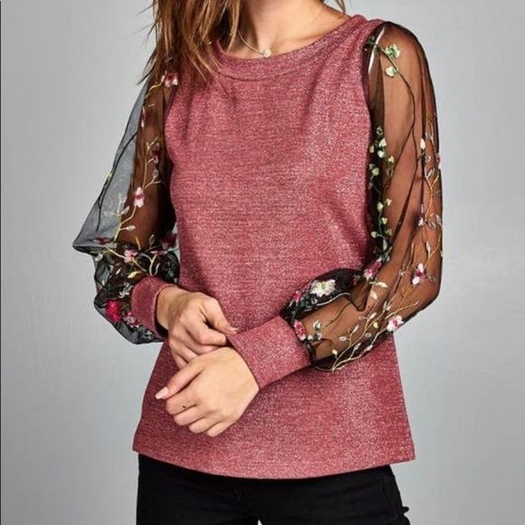 Sheer‎ L/S Top with embroidered flowers and sparkly mauve body. - Picture 1 of 2